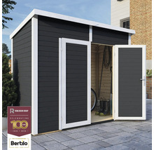 Abri de jardin avec double porte, structure en bois et logo Rowlinson Group