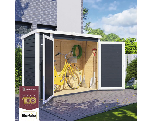 Abri de jardin en bois ouvert avec outils de jardinage et un vélo