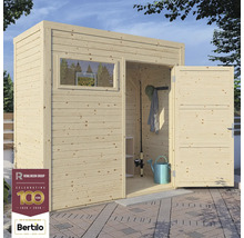 Holzgartenhaus mit Fenster und offener Tür