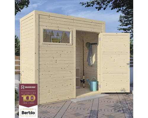 Holzgartenhaus mit Fenster und offener Tür