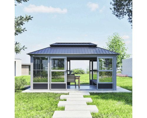 Gartenpavillon mit Schiebetüren auf einer Rasenfläche