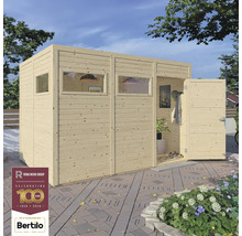 Abri de jardin en bois avec fenêtres et porte ouverte dans un espace extérieur