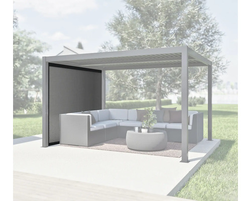 Pergola avec toit à lamelles, canapé d'angle et paroi d'intimité dans le jardin