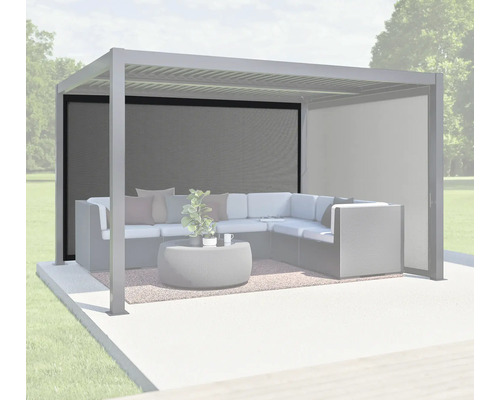 Pergola avec toit à lamelles, mobilier de salon et brise-vue