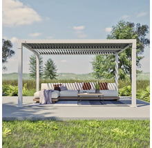 Scène avec une pergola au-dessus d'un salon de jardin