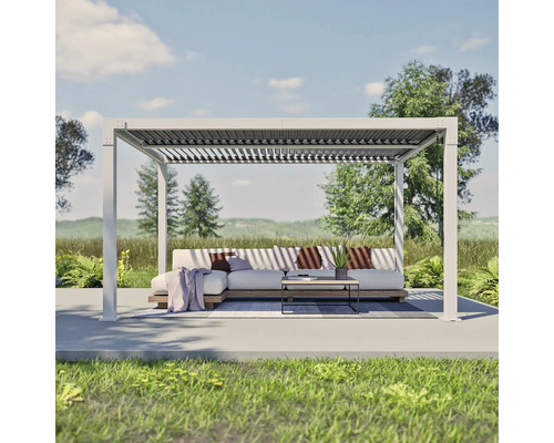 Scène avec une pergola au-dessus d'un salon de jardin