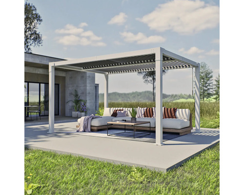 Pergola avec toit à lamelles et mobilier de jardin sur terrasse