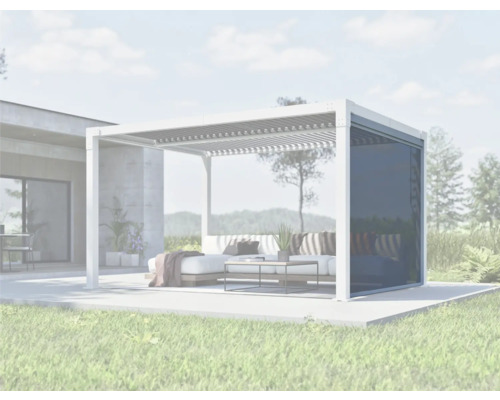 Pergola de terrasse avec toit à lamelles et paroi coulissante en verre sur une terrasse