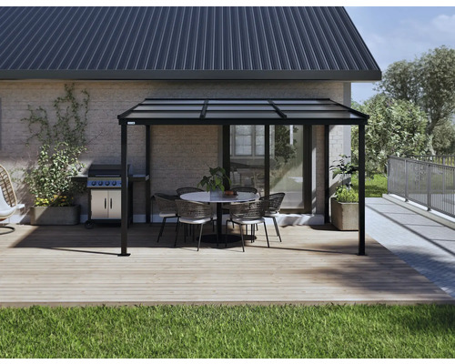 Terrasse avec pavillon, barbecue de jardin et coin salon sur terrasse en bois
