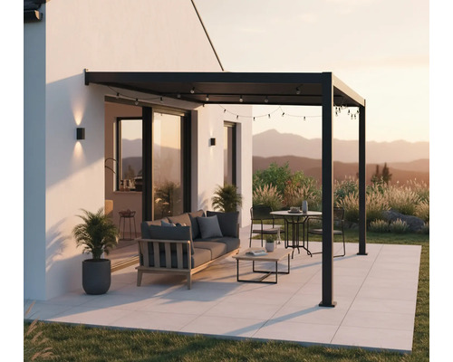 Aménagement de terrasse avec pergola, coin salon et éclairage extérieur