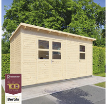 Abri de jardin en bois avec fenêtres et portes devant des arbres et le logo de Rowlinson Group