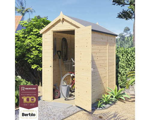 Gartenschrank aus Holz mit geöffneten Türen und Gartengeräten im Inneren