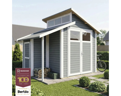 Gartenhaus mit Doppeltür, Fenster und Holzlager unter dem Vordach