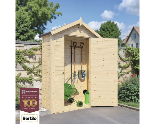 Gartenschrank aus Holz mit geöffneter Tür und Gartengeräten