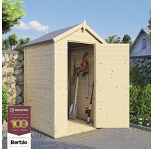 Gartenschuppen aus Holz mit geöffneten Türen und Gartengeräten im Inneren