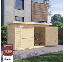 Abri à vélos en bois avec portes ouvertes et un vélo à l'intérieur, logo Rowlinson Group, logo Bertilo