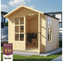 Holzgartenhaus mit geöffneter Tür und Fenstern