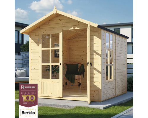 Holzgartenhaus mit geöffneter Tür und Fenstern