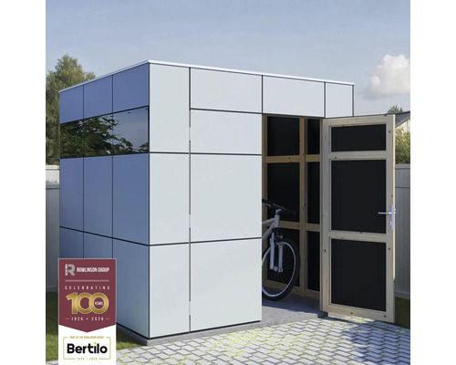 Gartenhaus Bertilo Design HPL 1 230 x 236 cm grau-anthrazit Moderner Geräteschuppen mit geöffneter Tür und Fahrrad im Inneren