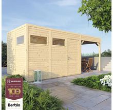 Gartenhaus aus Holz mit Fenstern und überdachter Terrasse mit Gartenmöbeln