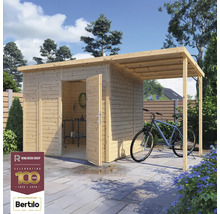 Abri de jardin en bois avec portes ouvertes et espace de rangement couvert pour un vélo