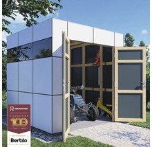 Abri de jardin moderne avec portes en bois ouvertes, intérieur avec quad et outils de jardin, Logo Rowlinson Group