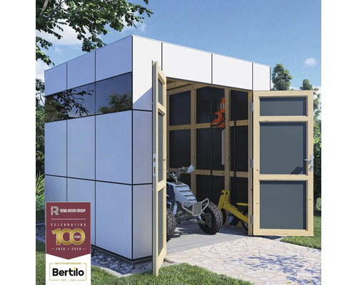 Abri de jardin moderne avec portes en bois ouvertes, intérieur avec quad et outils de jardin, Logo Rowlinson Group