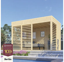 Abri de jardin en bois avec murs à lamelles et aménagement intérieur