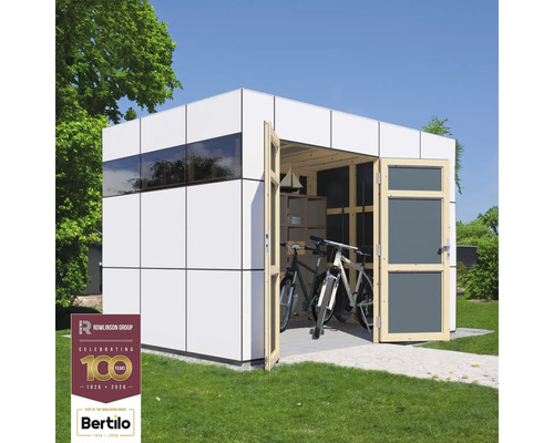 Gartenhaus Bertilo Design HPL 2 345 x 236 cm anthrazit-weiss Modernes Gartenhaus mit Fahrrädern und Regalen