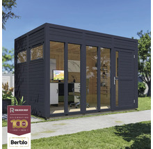 Bureau de jardin moderne en bois avec de grandes baies vitrées et mobilier de bureau