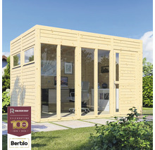 Bureau de jardin moderne en bois avec façade en verre et mobilier de bureau