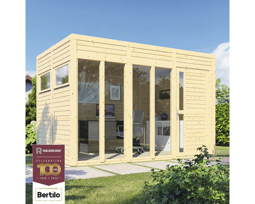 Modernes Gartenbüro aus Holz mit Glasfront und Büromöbeln