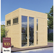 Gartenbüro aus Holz mit Fenstern und Tür sowie Rowlinson Group Logo und Bertilo Logo.