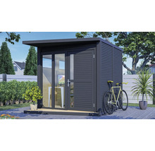 Modernes Gartenhaus mit Fenster, Tür und Fahrrad an der Seite