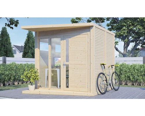 Abri de jardin en bois avec vélo dans le jardin