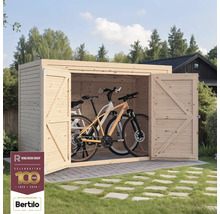 Abri à vélos en bois avec deux vélos et portes ouvertes dans le jardin