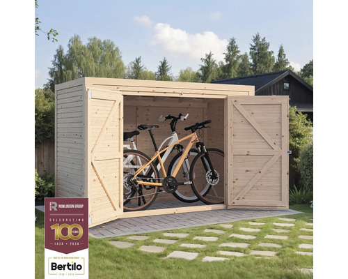 Fahrradschuppen aus Holz mit zwei Fahrrädern und geöffneten Türen im Garten