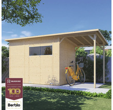 Abri de jardin en bois avec auvent et vélo