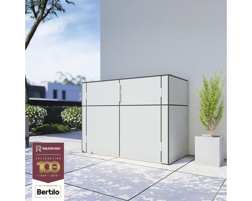 Armoire de jardin Bertilo HPL Sideboard 155 x 75 x 116 cm blanc Bac à ordures extérieur sur une terrasse, avec une plante à côté