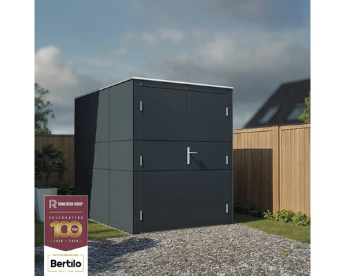 Fahrradgarage Bertilo HPL Design Bike Port 155 x 235 cm anthrazit Gartenschrank mit Doppeltür auf einem Kiesweg