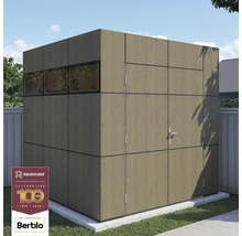 Gartenschuppen mit Fenstern und Tür aus Holzpaneelen