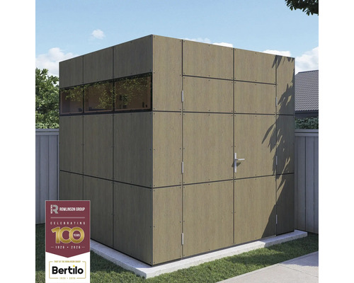 Gartenschuppen mit Fenstern und Tür aus Holzpaneelen