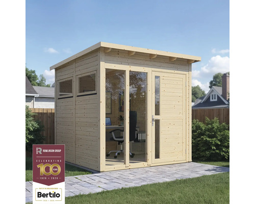 Gartenhaus Bertilo Pentus 2 Office inkl. Fussboden 247 x 266 cm natur Holzgartenbüro mit Fenstern und Tür auf einer Terrasse
