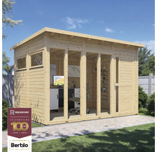 Gartenhaus aus Holz mit Fenstern und Glastüren sowie Rowlinson Group Logo