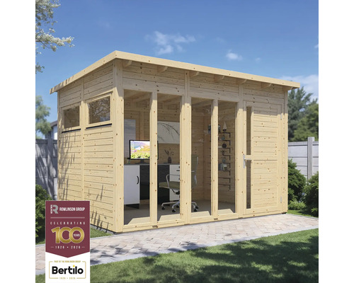 Gartenhaus Bertilo Pentus 3 Office inkl. Fussboden 359 x 266 cm natur Gartenhaus aus Holz mit Fenstern und Glastüren sowie Rowlinson Group Logo