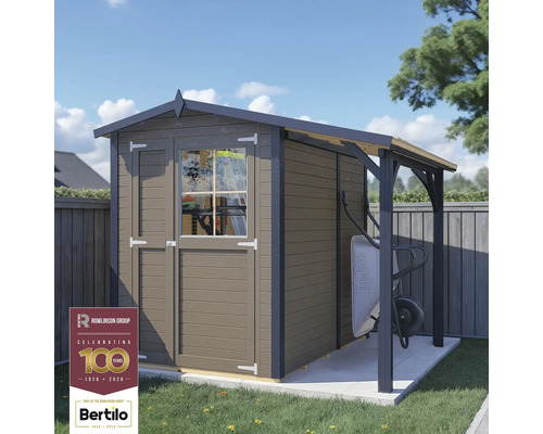 Gartenhaus Bertilo Tonio 1 Plus inkl. Schleppdach 244 x 233 cm beige Holzgartenhaus mit Vordach und Schubkarre