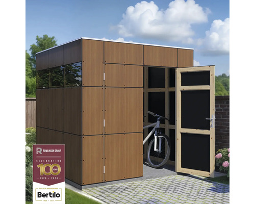 Modernes Holzgartenhaus mit geöffneter Tür und einem Fahrrad darin