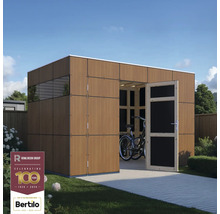 Modernes Gartenhaus aus Holz mit geöffneter Tür und einem Fahrrad im Inneren