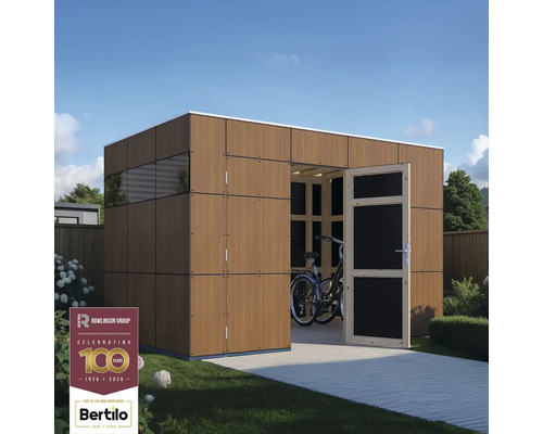 Modernes Gartenhaus aus Holz mit geöffneter Tür und einem Fahrrad im Inneren