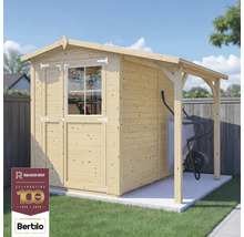 Holzgartenhaus mit Vordach und Schubkarre